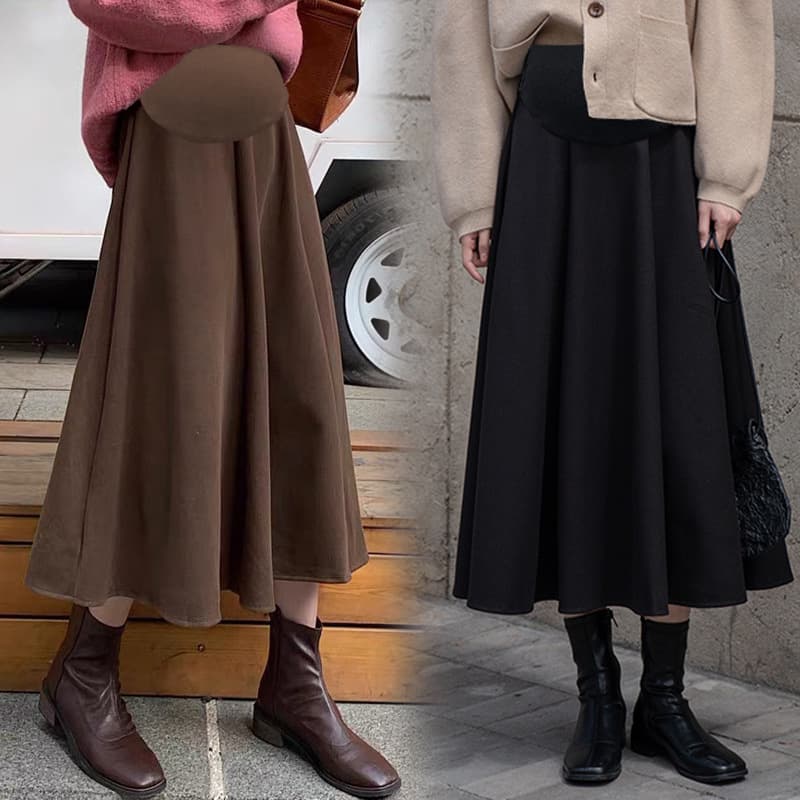 In Stock Maternity Wear Wool Blend 2024 New Half-Skirt Autumn Winter Outerwear High Waist Slimming Mid-Length A-Line Skirt
