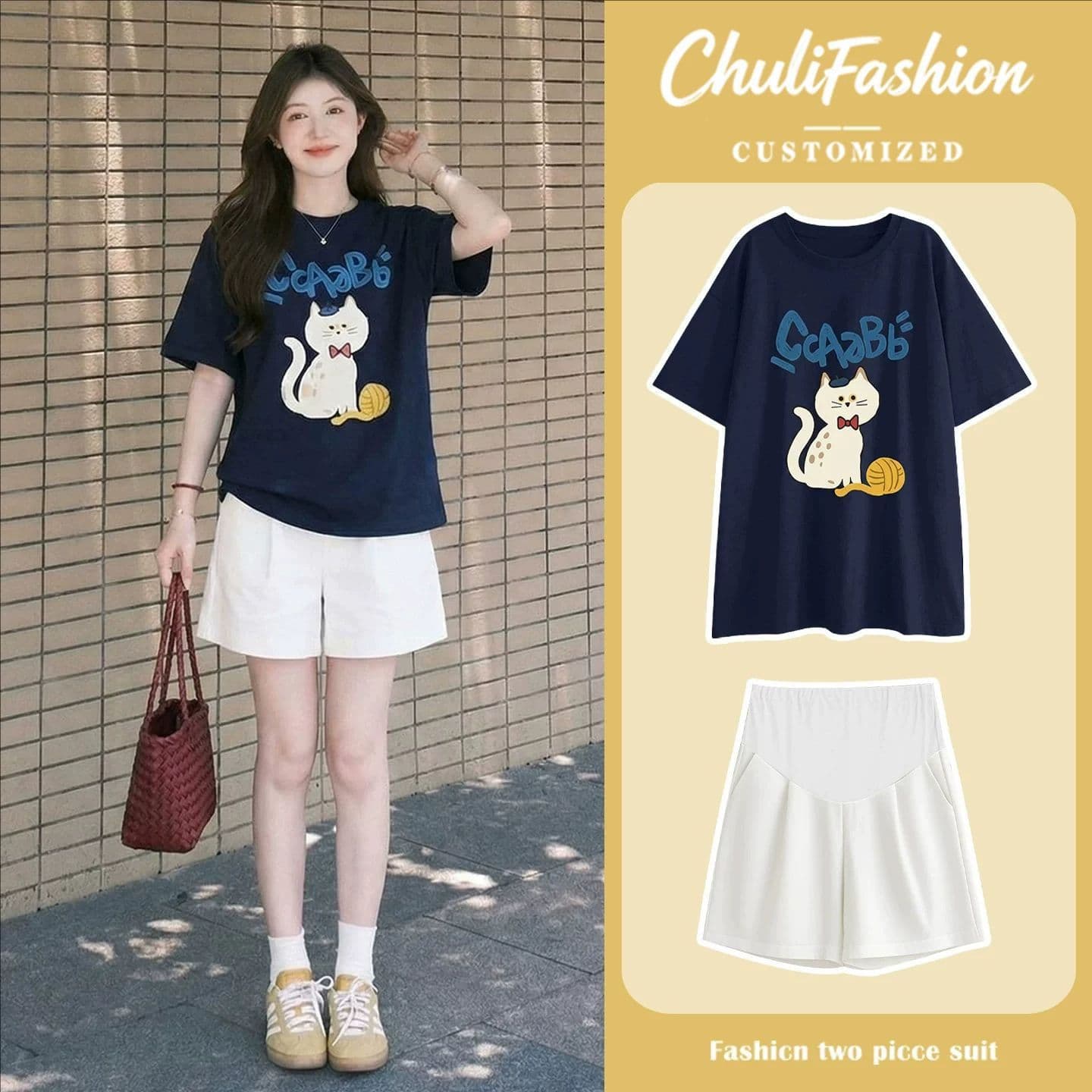 Maternity Wear Summer Blue Top 2026 Loose Short-Sleeved T-Shirt Round Neck Trendy Mom Stylish Navy Blue Two-Piece Set
