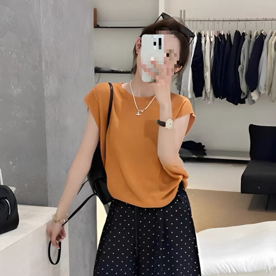 New Summer Simple Solid Color Round Neck Knit Top Loose Fit Versatile Slimming Hermes Orange