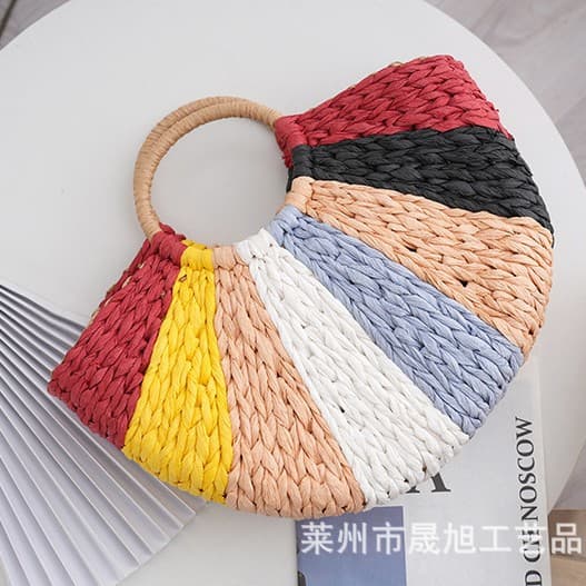 Ins Influencer Picks Round Bucket Semi-Circular Straw Bag Hand-Woven Basket Rattan Handbag Black and White Khaki Colorful