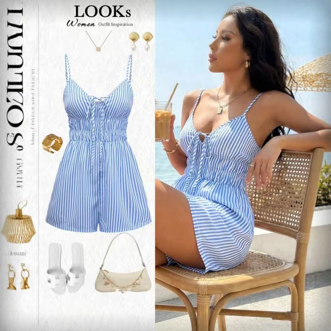2026 Cross-Border Stock Blue and White Striped Plus Size Camisole Jumpsuit Women's Vacation Style Slimming Waist Casual Shorts