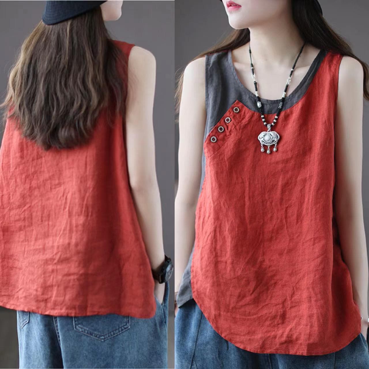 2022 Summer New Loose-Fit Women's Cotton Linen Vest Thin Asymmetric Top Button Decoration Splicing Polyester Fiber Body Conjure