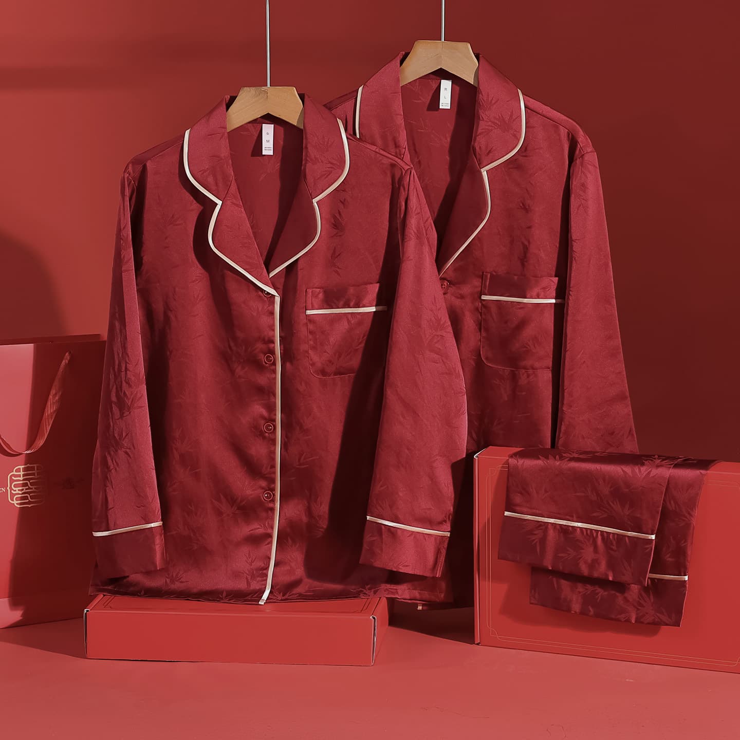 High-End Wedding Pajama Set for Couples, Ice Silk Red Festive Bridal Pajamas for Men and Women, Premium Dowry Suit