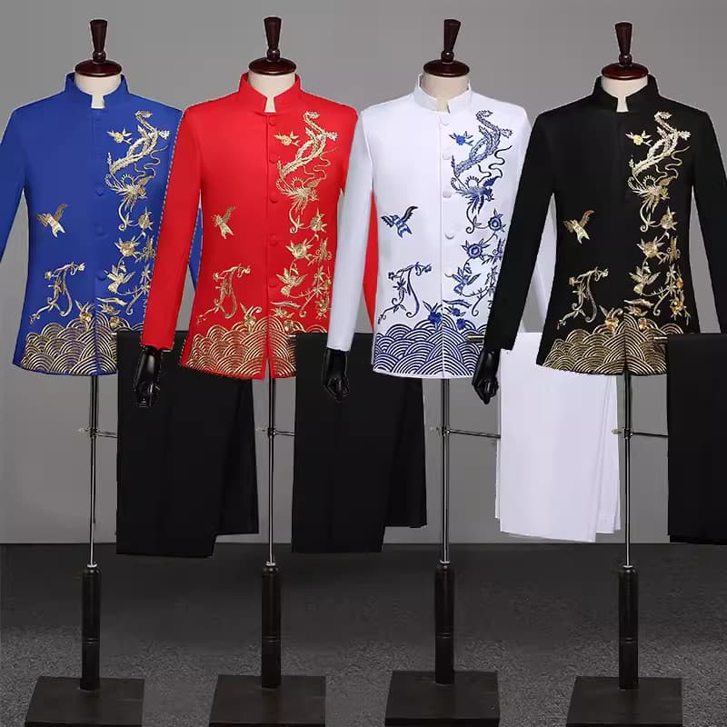 Men's Performance Costume New Style Zhongshan Suit, Stage Male Host Outfit, New Chinese Style Choir Embroidery, Chinese Style