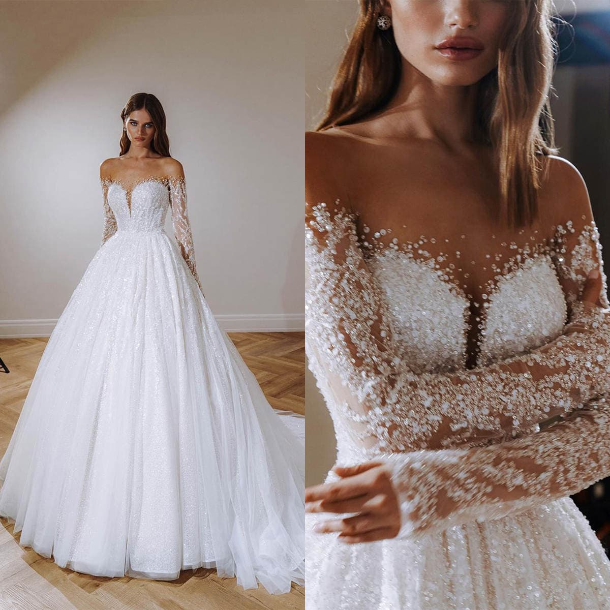 New Export Wedding Dress with Train Deep V Beaded Embroidery Elegant Slim Fit Church Wedding Gown Heavy Beading Wholesale