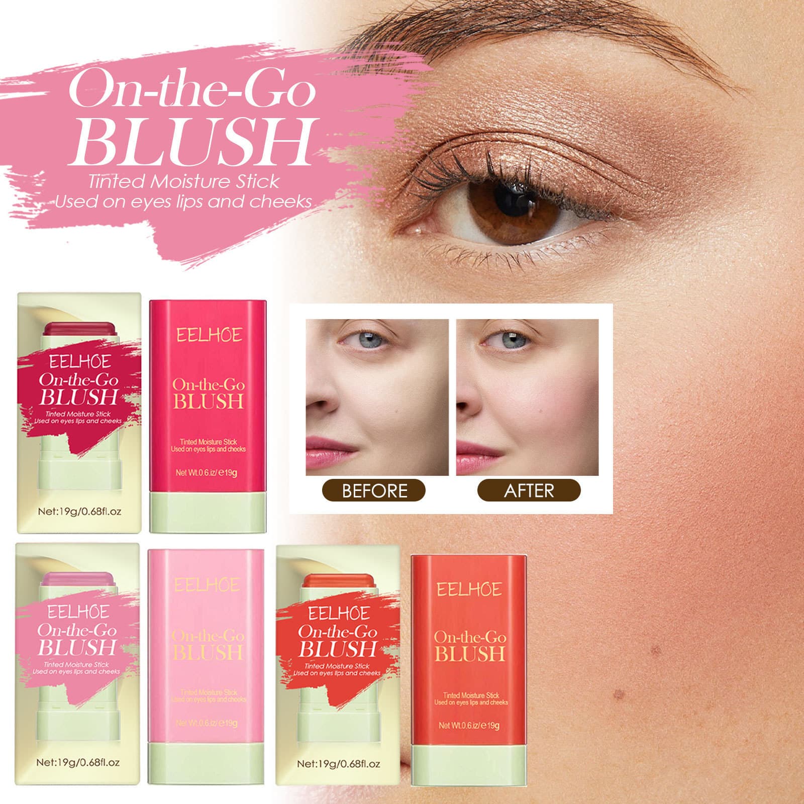 EELHOE Blush Stick Lightweight Natural Bare Makeup Brightening Contouring 3D Highlighting Fine Waterproof Multi-Function Blush Stick
