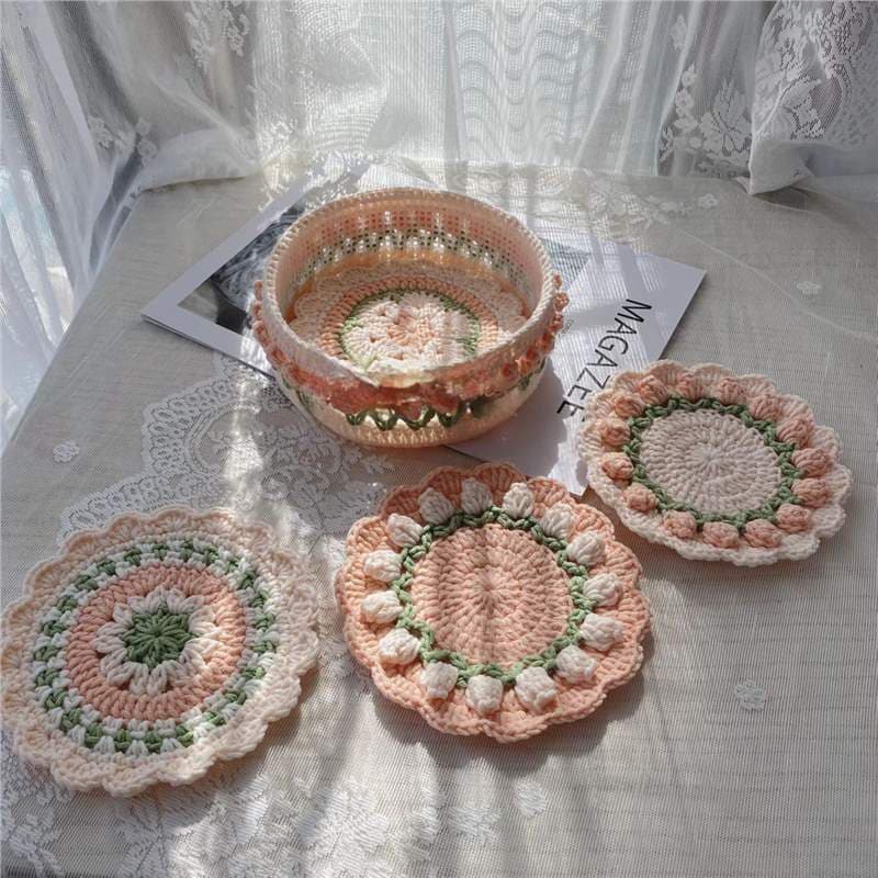 New cross-border Amazon hand-woven plush orange-pink coaster storage box insulation pad plus storage box finished product