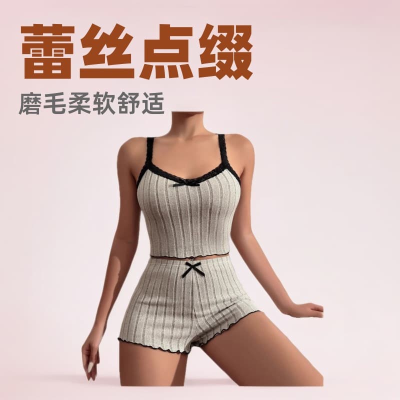 2025 Hot-Selling Fashion Casual Home Brushed Suit Bow Lace Suspender Top Shorts Two-Piece Set