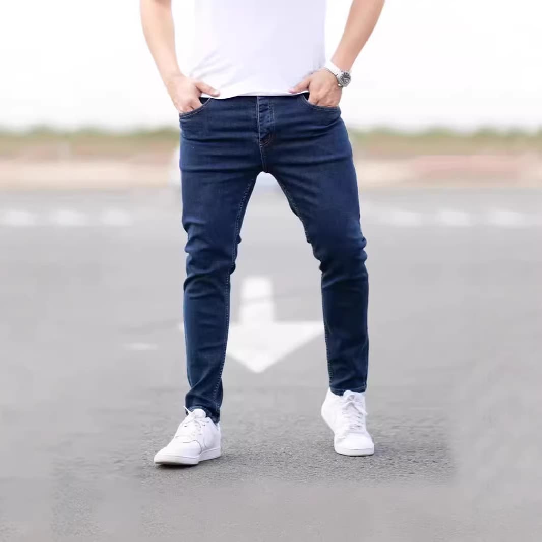 EU US Amazon Independent Station Solid Color Stretch Denim Men's Pants Slim Leg Mid-Rise Men's Jeans NK362