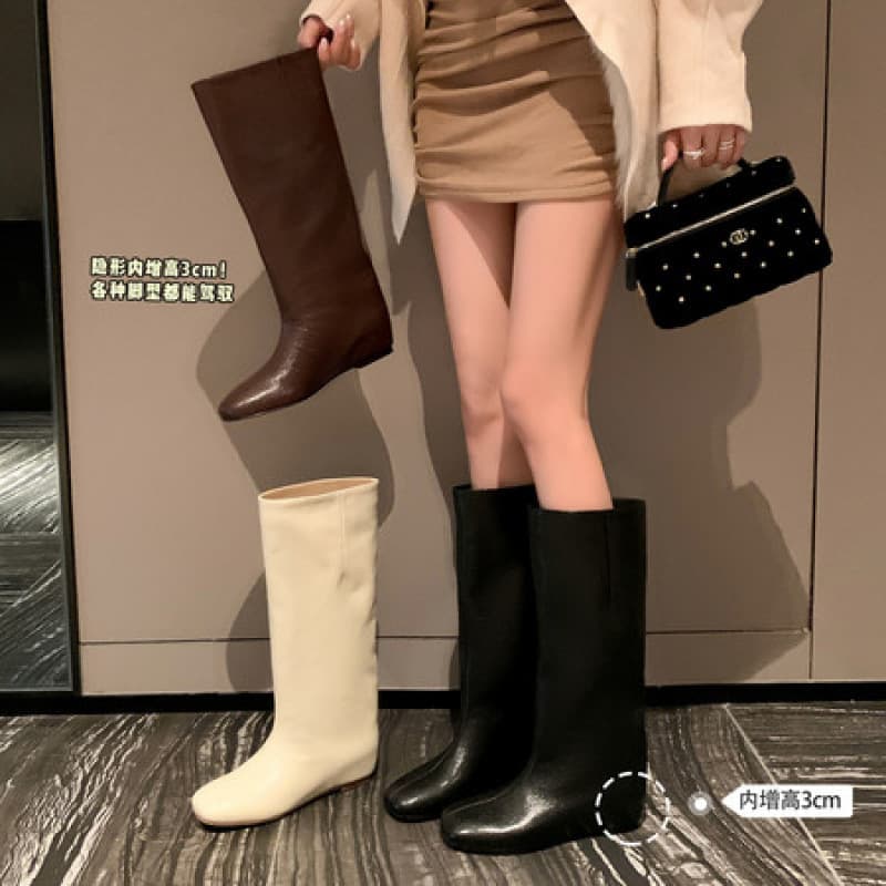 French Retro 3cm Height Increase Square Round Toe Flat Long Boots Mid Calf Rider Boots Simple Wide Shaft Straight Boots Women