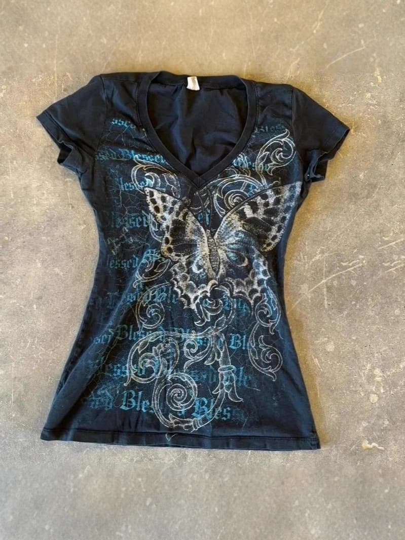 American Vintage Retro Butterfly Y2K Shibuya Gyaru Sexy Slim Fit Cropped Top T-Shirt