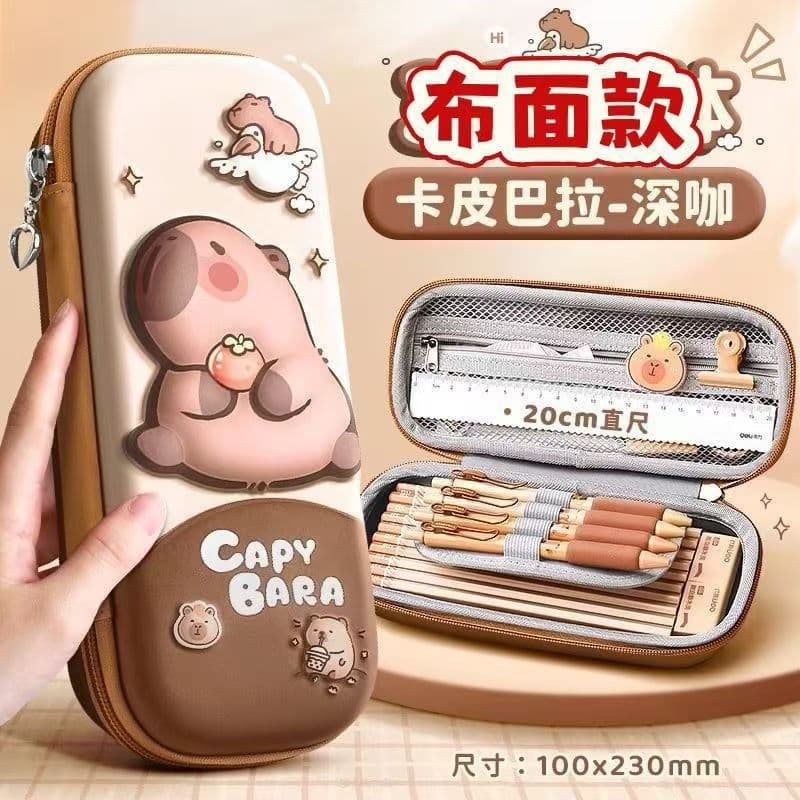 Three-layer 3D Kapibara cloth-covered female stationery cartoon primary school student pencil case durable stationery box children's pencil case