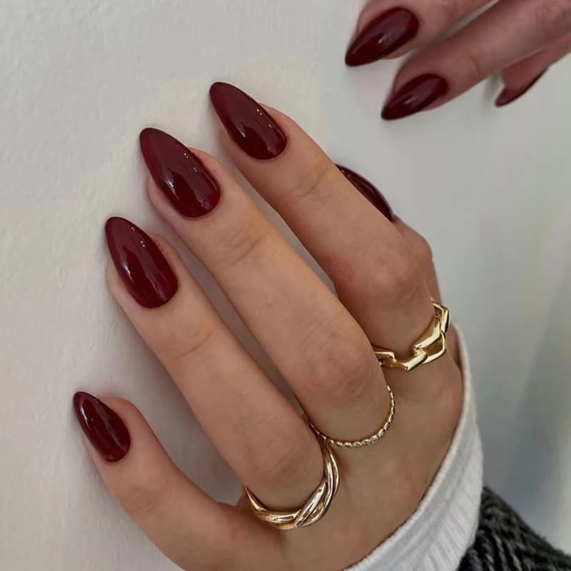 Wine Red False Nails Almond Nails Waterdrop Solid Color Sharp Nail Art Stickers 30pcs