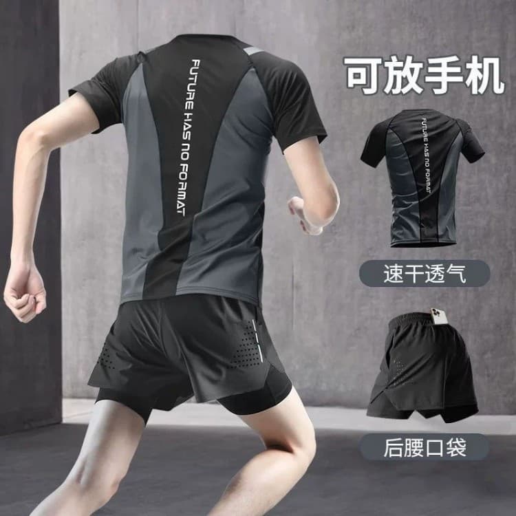 Men's Fitness Apparel, Summer Running Quick-Dry Clothes, Sports Training Wear, Tights, T-Shirts, Fitness Short-Sleeve Shorts with Phone Pocket