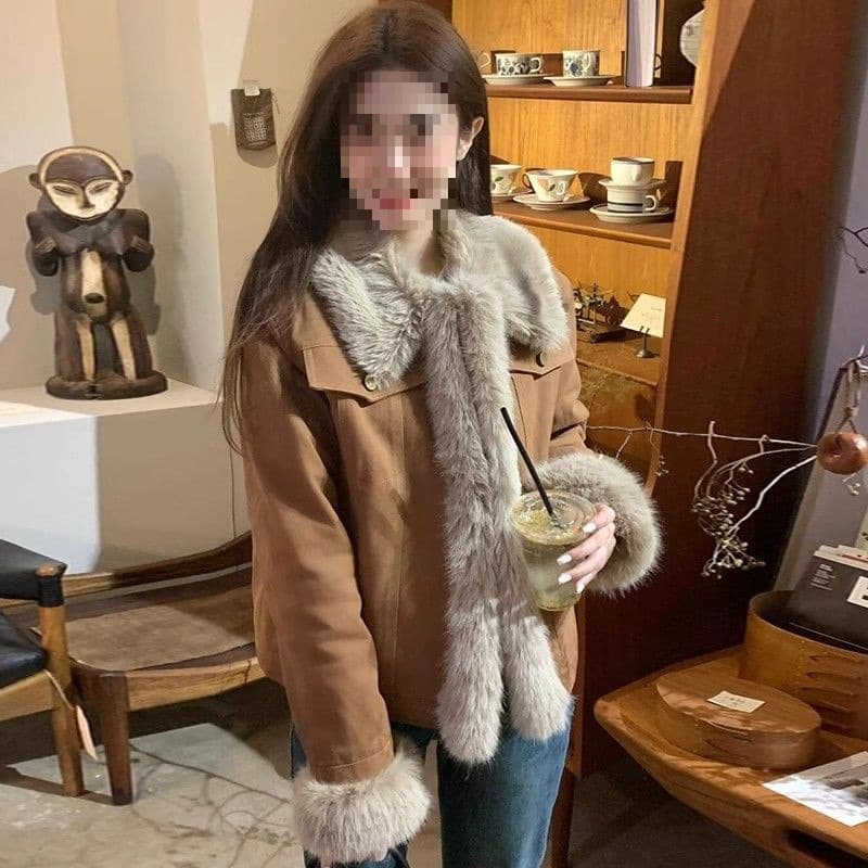 Merlad's new retro brown denim jacket for women, thickened short patchwork fur-trimmed cotton-padded coat for autumn and winter.