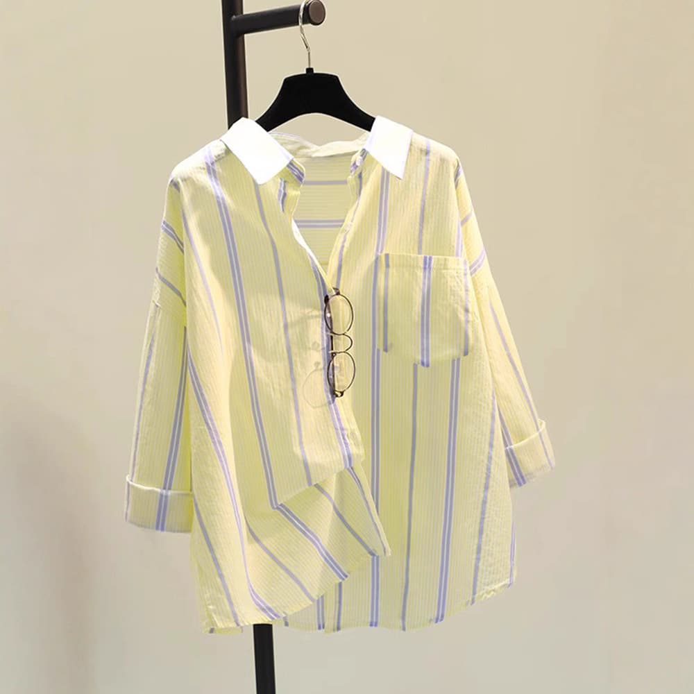 Yellow Thin Striped Blouse for Women 2025 New Luxury High-End Youthful Early Spring Chic Korean Style Top