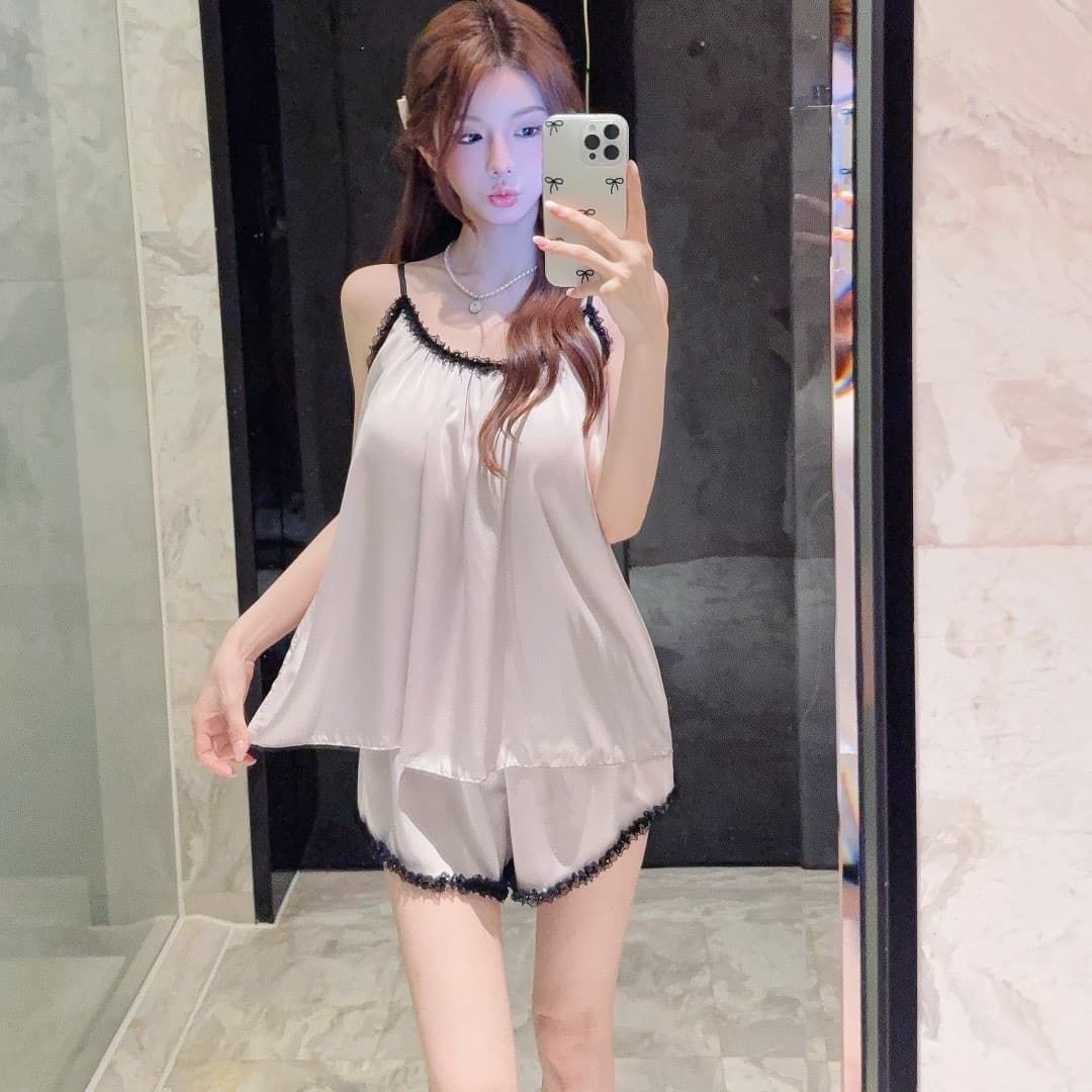 Ice Silk Pajamas for Women, Summer Youthful Pure and Gentle Camisole Shorts Loungewear Set, Backless Sexy Silk Pajamas for Women