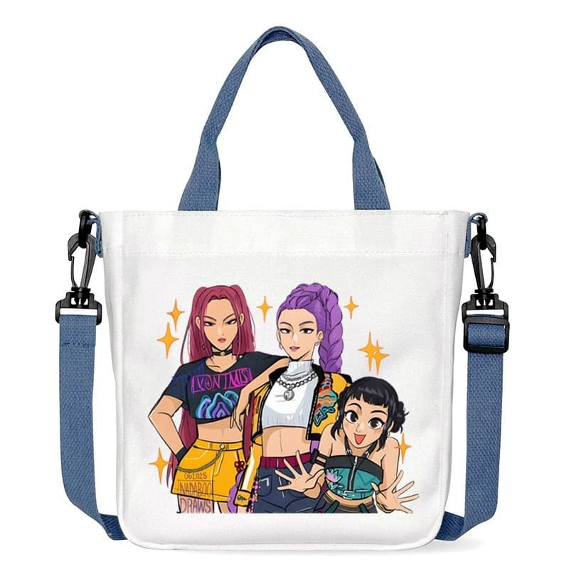 HUNTRX anime girl group printed canvas tote bag for boys and girls, portable crossbody cartoon student bag