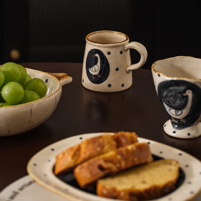 Meijiahui Handmade Ceramic Starry Goose Double-Handled Soup Bowl, Fruit Salad Noodle Bowl, Underglaze Color Tableware, Plate, and Mug