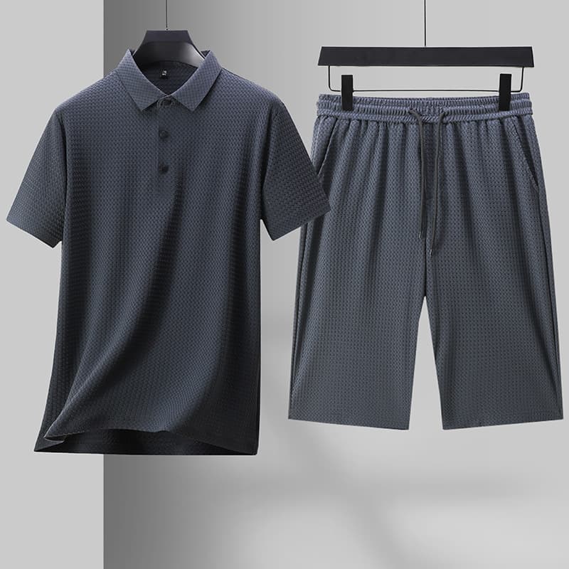 Men's Nylon Ice Silk Short Sleeve Polo Shirt Set Summer Business Casual Breathable T-Shirt and Shorts Two-Piece
