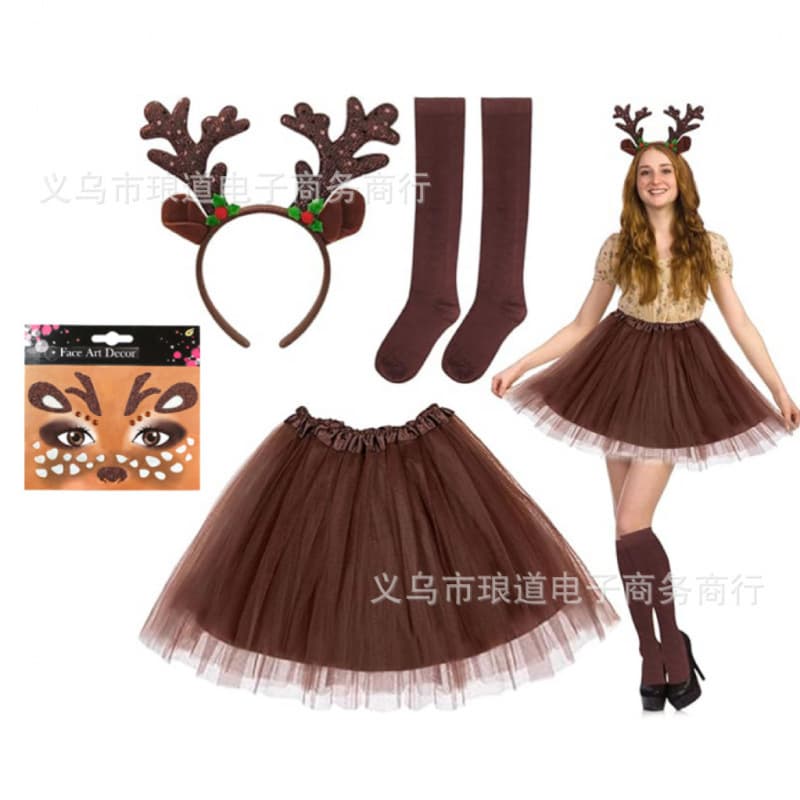 Halloween Children's Day tutu skirt half-length mesh deer headband calf socks stickers dark brown gauze skirt