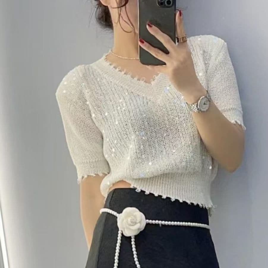 Heavy Sequin Knit Short-Sleeve Top 2025 Summer Crochet Hollow Out Stylish Blouse Waist-Tightening Flattering Dopamine