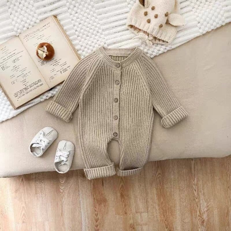 Baby crawling clothes, versatile newborn men's and women's clothes, spring and autumn knitted fashionable clothes, solid color jumpsuit ins cotton