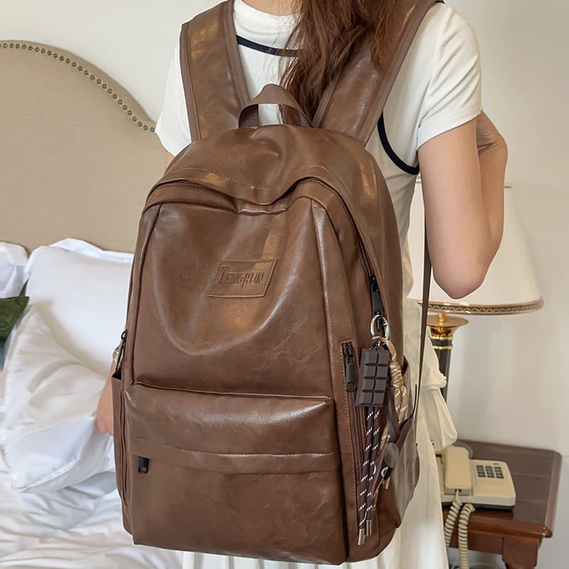 Casual backpack women's high-end niche school bag college student commuter computer bag large capacity PU leather travel backpack