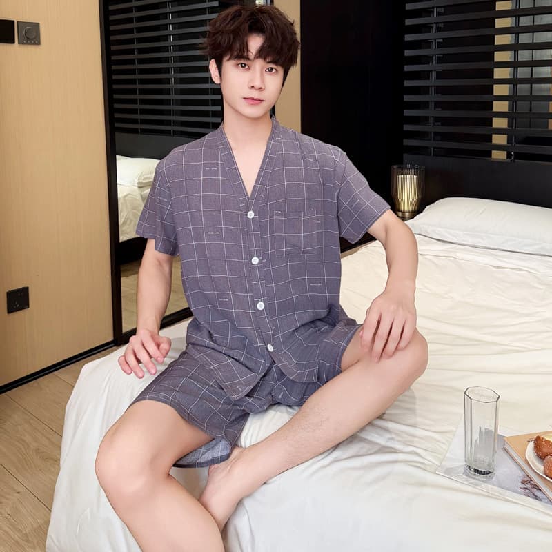 Summer Men's Silk Cotton Sleepwear Short Sleeve Shorts Cardigan V-Neck Thin Loose Plus Size Wearable Out Home Suit