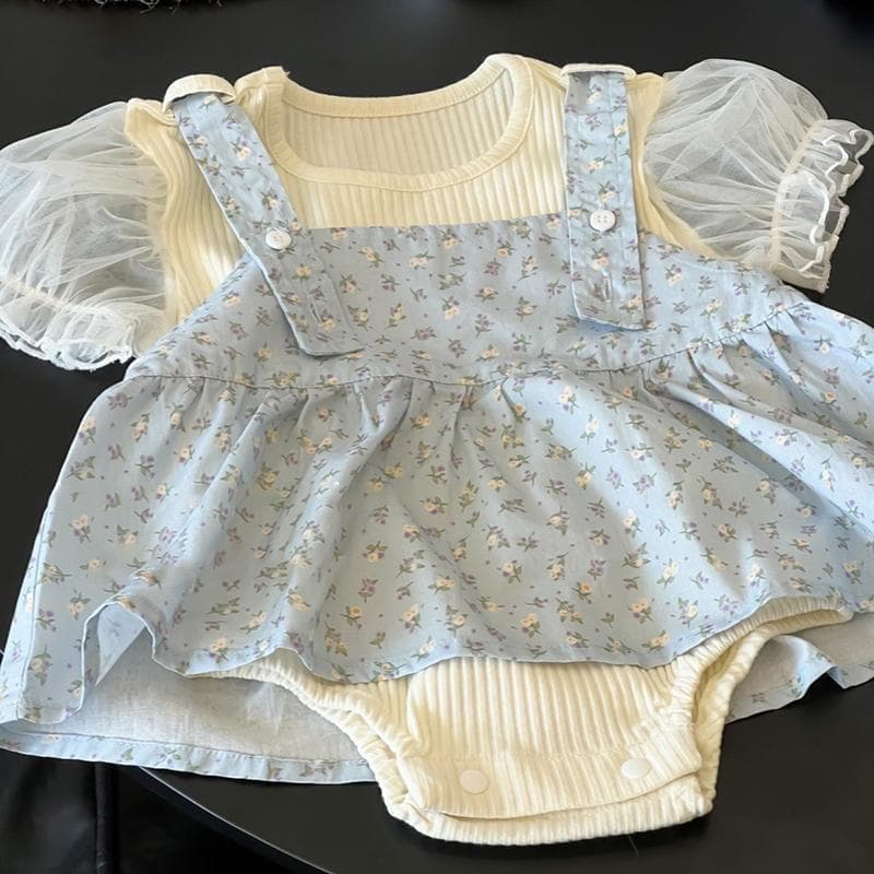 Baby short-sleeved suit summer thin style casual infant floral sling two-piece set baby summer clothes