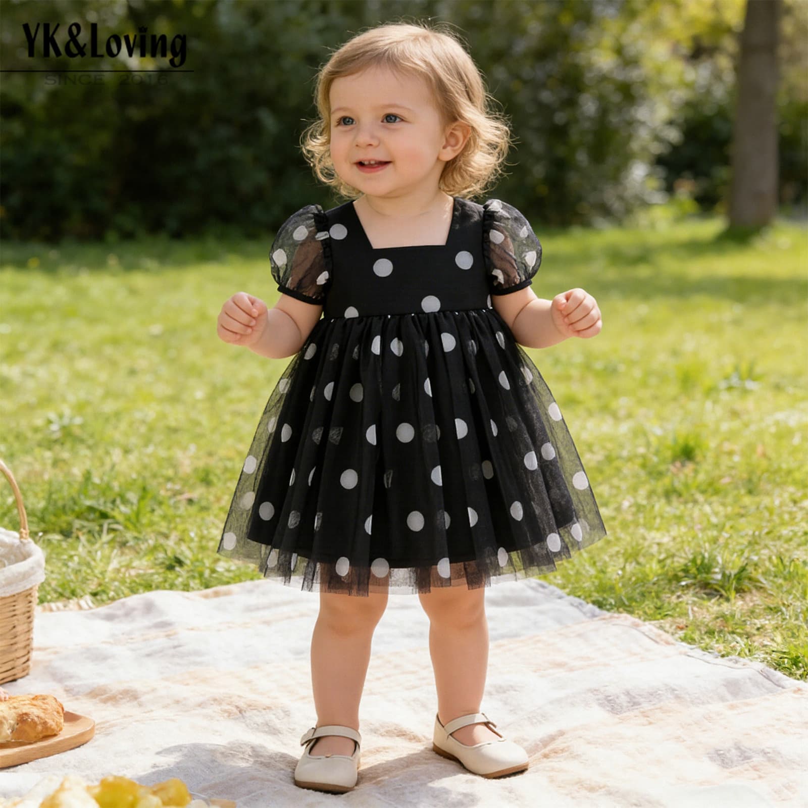 2026 Summer Baby Girl Black Polka Dot Mesh Dress Baby Square Neck Puff Sleeve Princess Dress Children's Dress Trendy