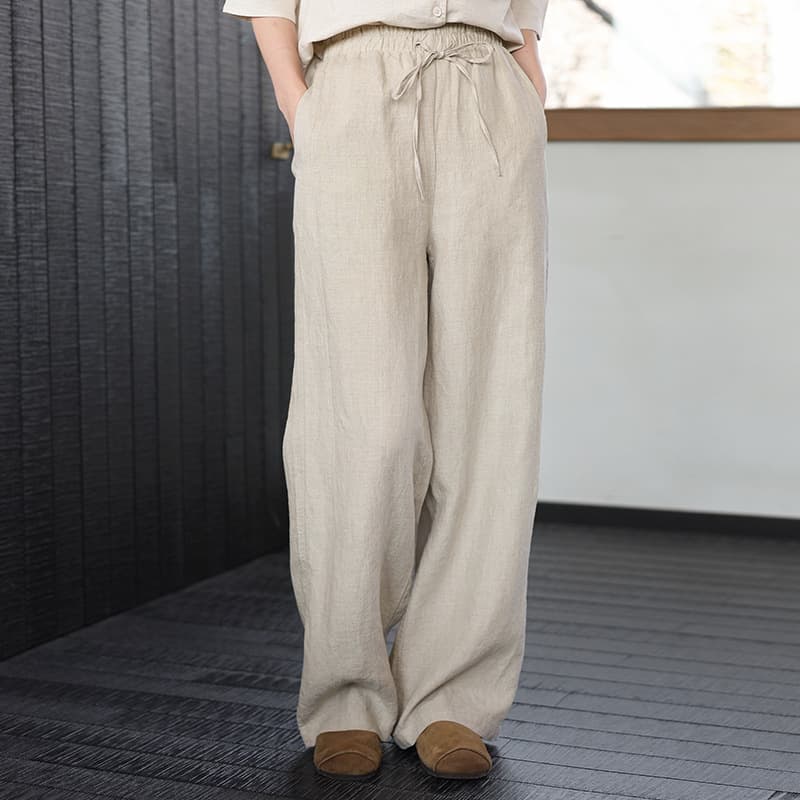 Lu Yu An Di Summer New Hemp Casual Pants for Women, Loose Fit, Slimming, Drawstring, Straight Wide-Leg Pants, High-End Style Women's Pants