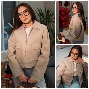 Lapel Short Wool Blazer Jacket Women Full Zip Double Flap Metal Snap Button Large Pocket Utility Jacket
