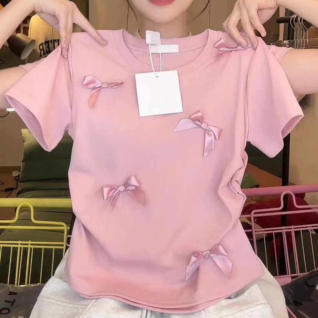 Sweet Butterfly Bowknot Short Sleeve Slim Fit Pink T-shirt Summer College Style Small Audience Casual Short Top