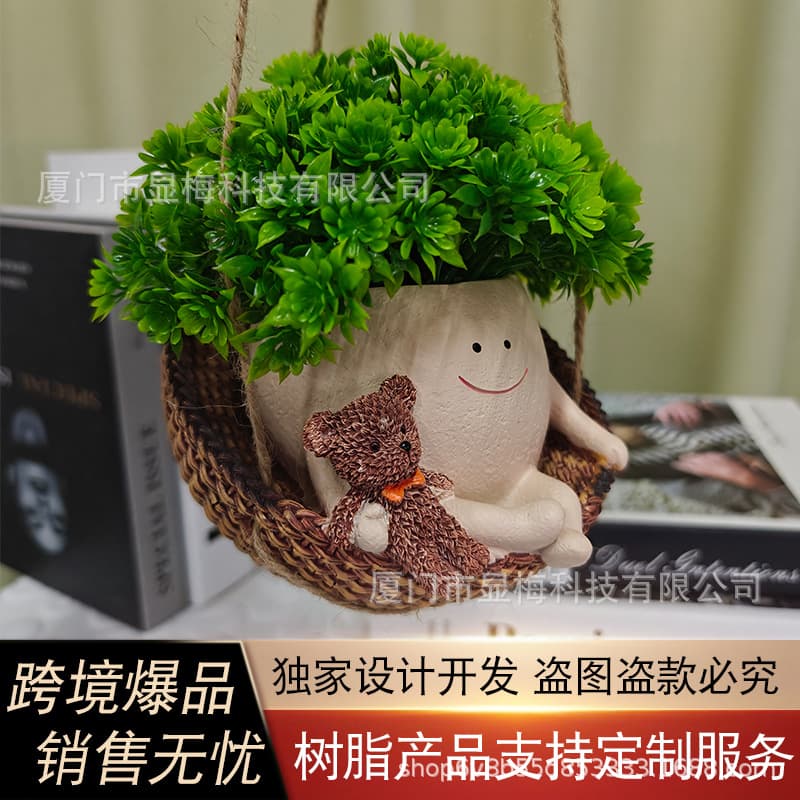 Cross-border Garden Courtyard Landscape Decoration Small Succulent Planter Creative Cute Hanging Chair Planter Smiley Face Plant