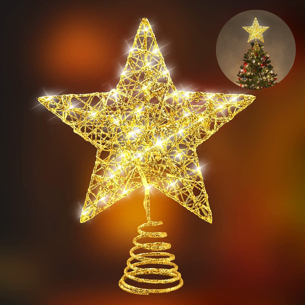 Cross-border supply cotton thread powder-coated tree top star iron five-pointed star LED glowing Christmas tree top light