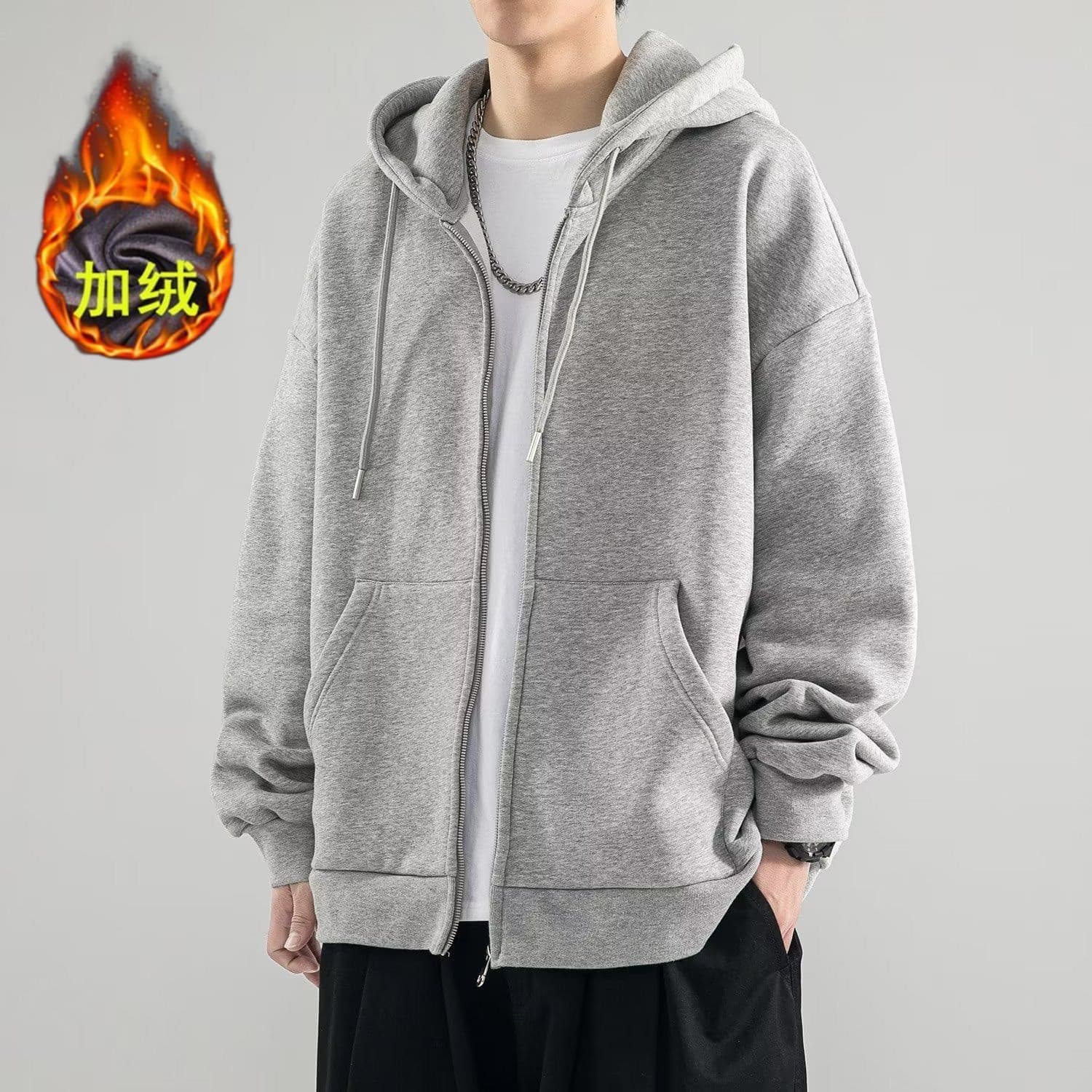 Autumn and winter hooded zipper cardigan sweatshirt for men and women trendy casual simple coat large size loose velvet jacket cross-border