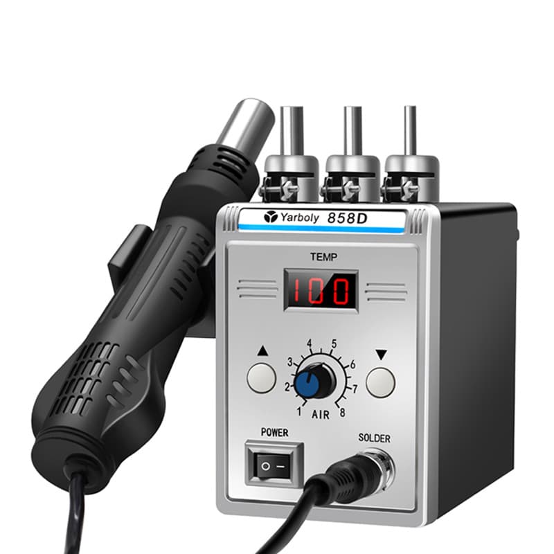 858D heat gun desoldering station, 110V/220V digital display, temperature controllable, SMD phone repair tool.