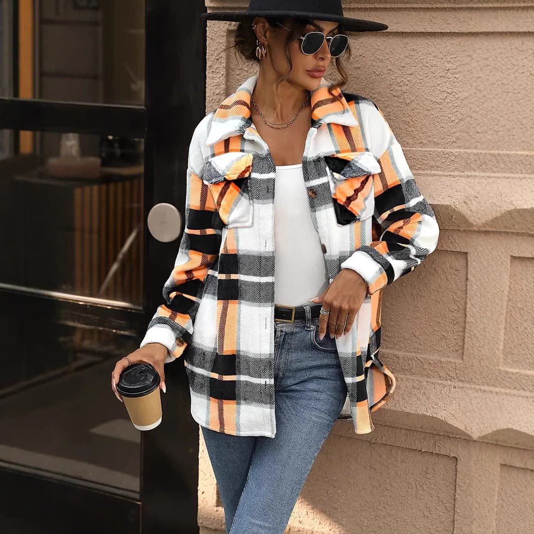 Cross-border European and American Women's Fashion Amazon 2025 Fall Winter Long Sleeve Plaid Fleece Lined Pocket Lapel Loose Coat