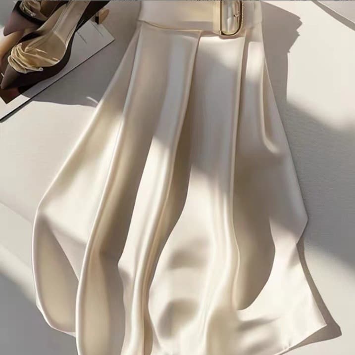 Premium elegant midi skirt with high-end drape, high-waist slimming design in white ice silk for women