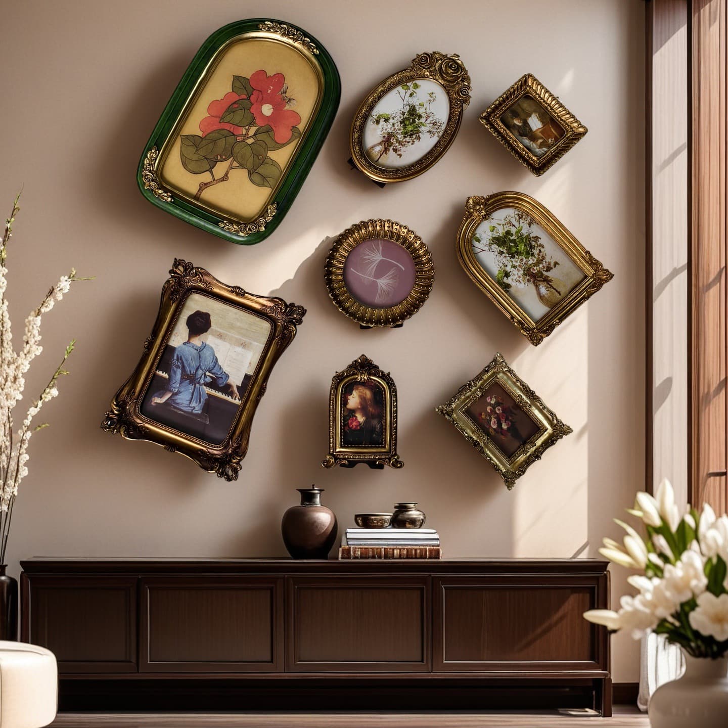 French palace style relief photo frame set, retro golden aged resin picture frame, bedroom entrance niche art