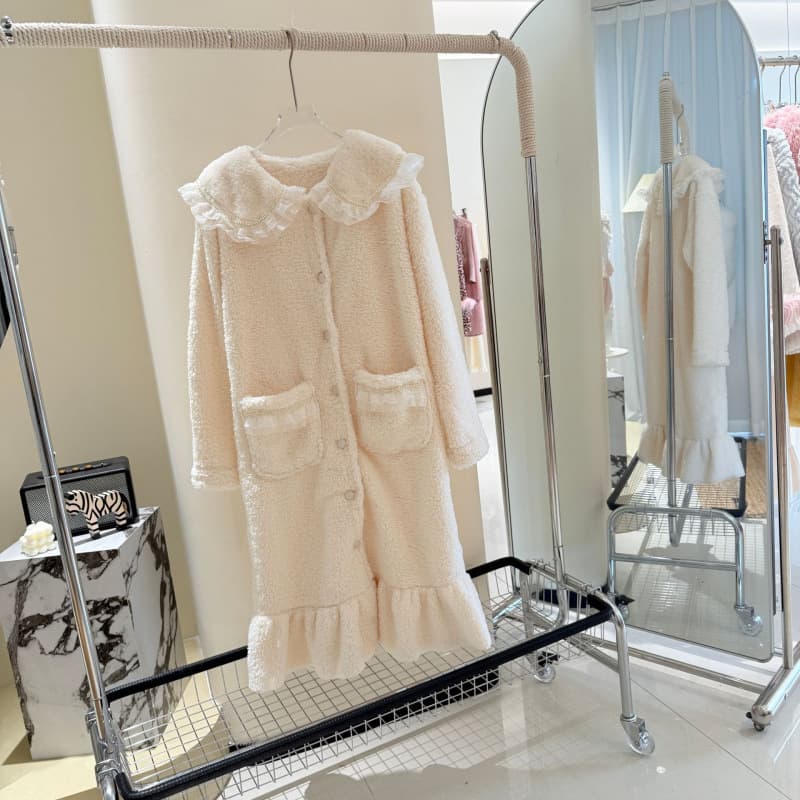 Soft Half-Fleece Sleep Dress for Women Winter Thickened Flannel Nightgown Doll Collar Cardigan Dress Loose Loungewear
