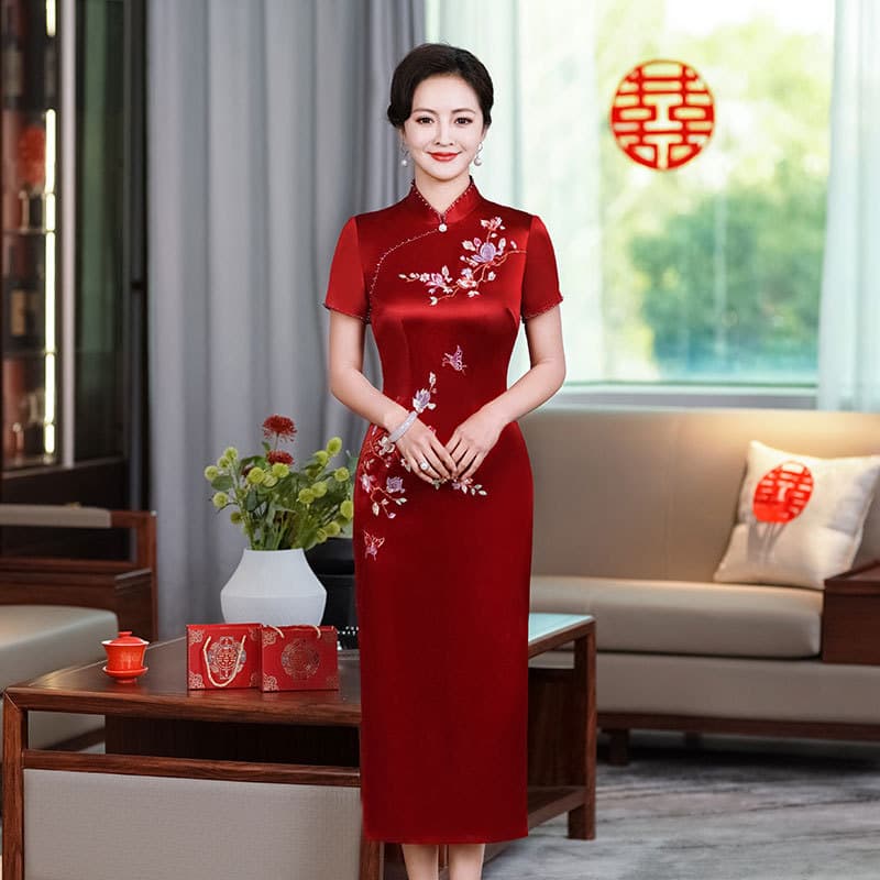 Temperament slimming happy mother-in-law's wedding banquet improved acetate cheongsam dress light luxury embroidered wedding mother's toast dress dress