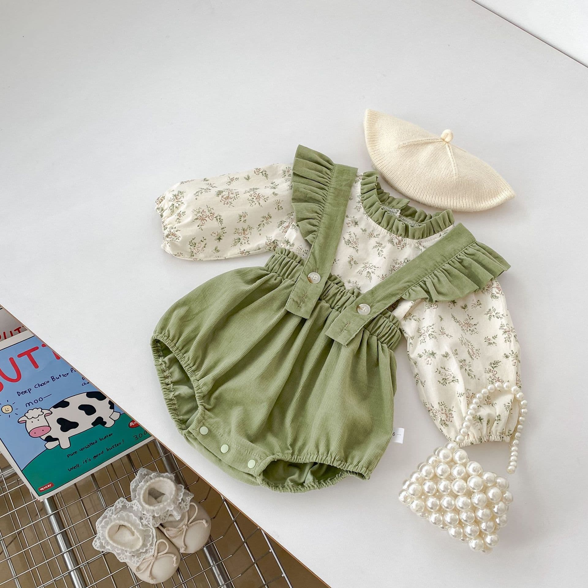 Spring New Sweet Fresh Baby Girl Floral Cap Sleeve Bodysuit Contrast Floral Top Set Romper Bodysuit