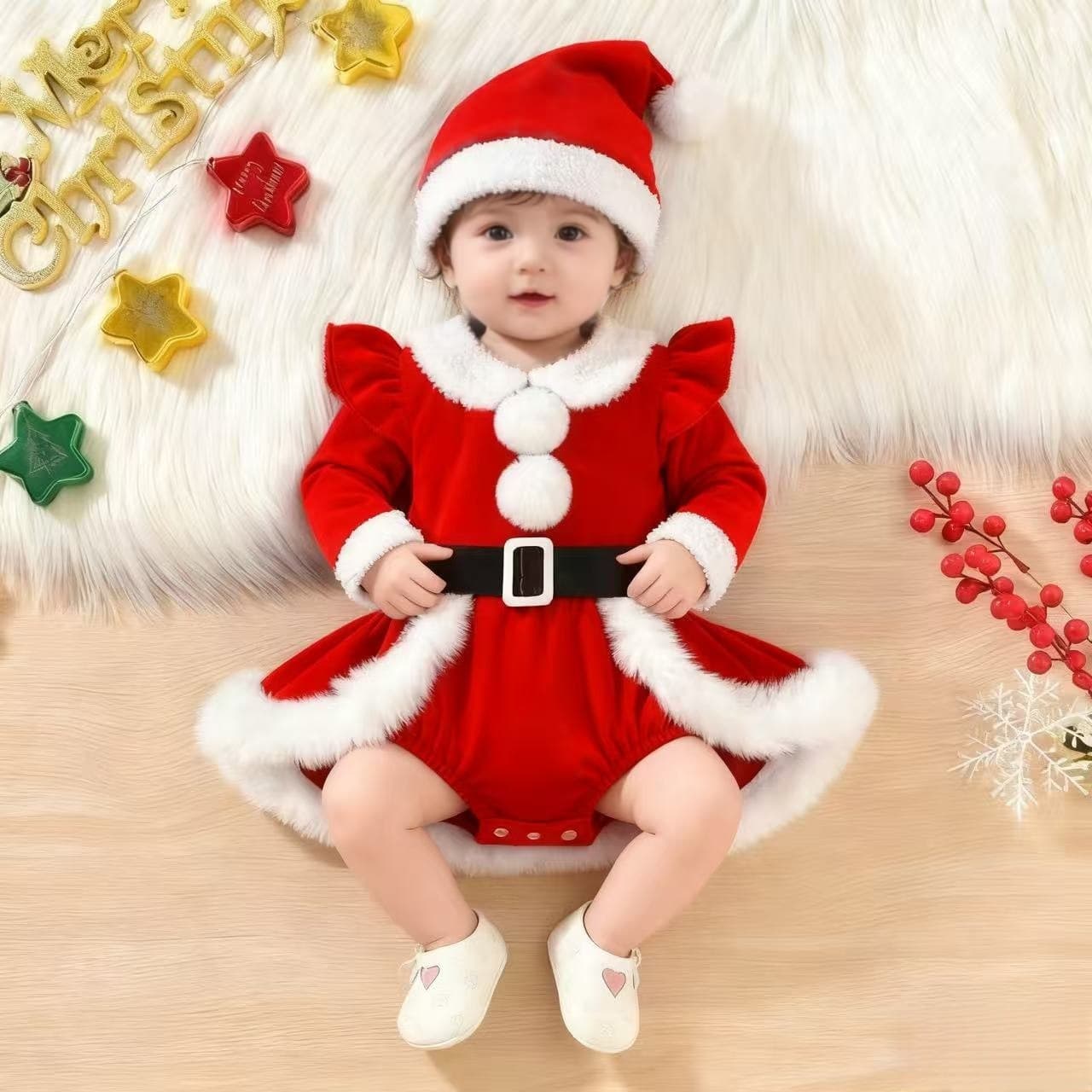 Baby Girl's Cute Christmas Birthday Holiday Party Dress with Furry Patchwork Jumpsuit Dress