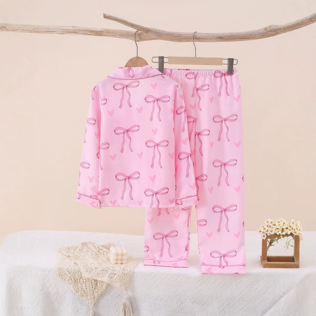【European and American Cross-Border】Long-Sleeve Long-Pants Girls' Loungewear, Exclusively for Export, Bow-Knot Children's Pajamas, Direct from the Source Factory