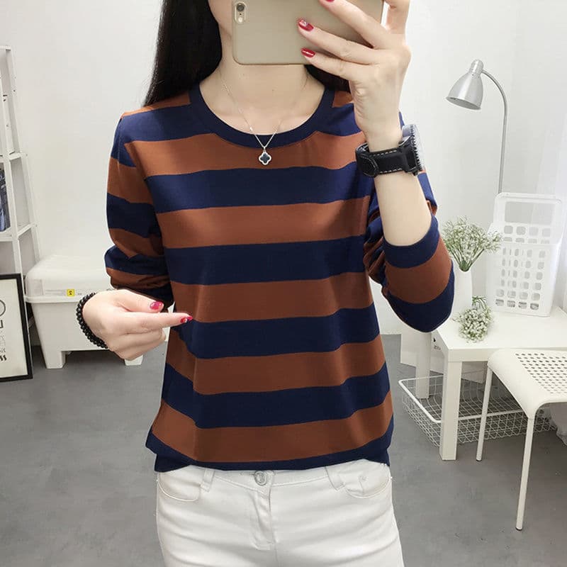 Women's Loose Long Sleeve Stripe T-shirt Spring New Style Plus Size Base Shirt Korean Version Winter Top Small Shirt