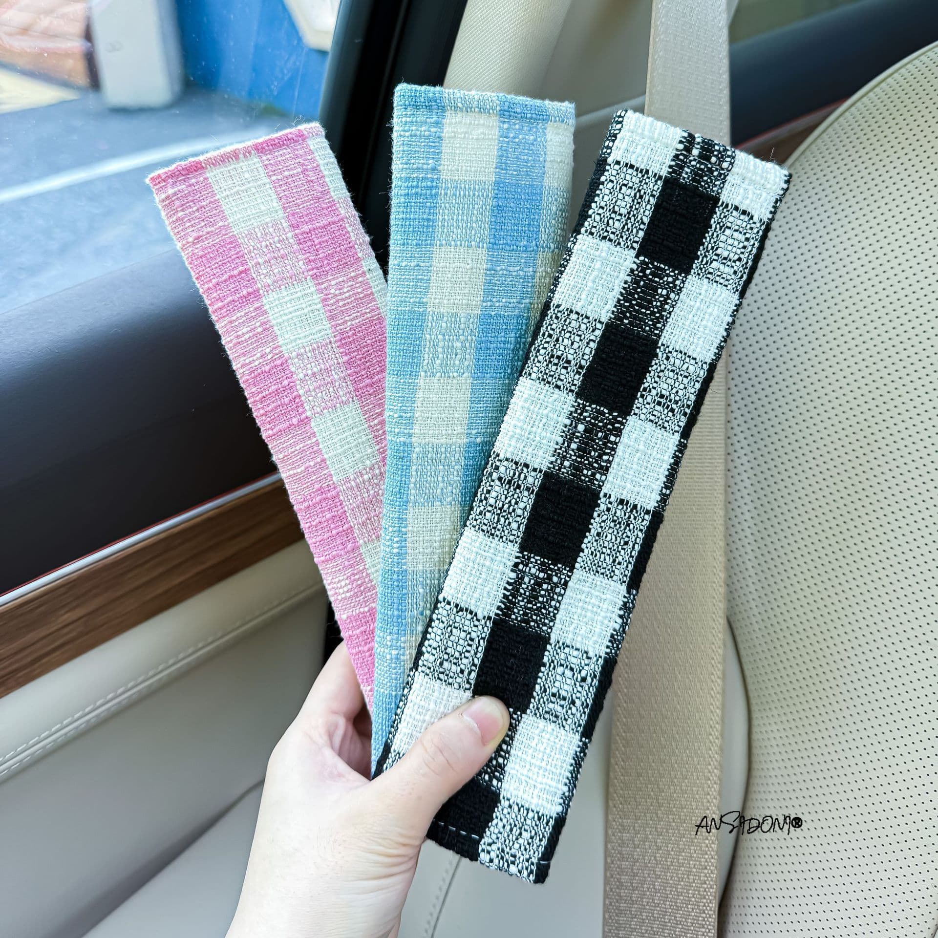 Simple Plaid Car Seat Belt Shoulder Pad Cover, Fabric Anti-Wear Car Interior Accessory