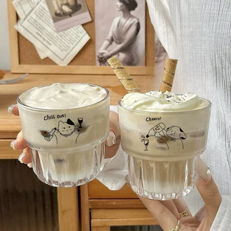 Ins style transparent coffee cup cute puppy glass drinking water cup breakfast oatmeal cup juice drink cup