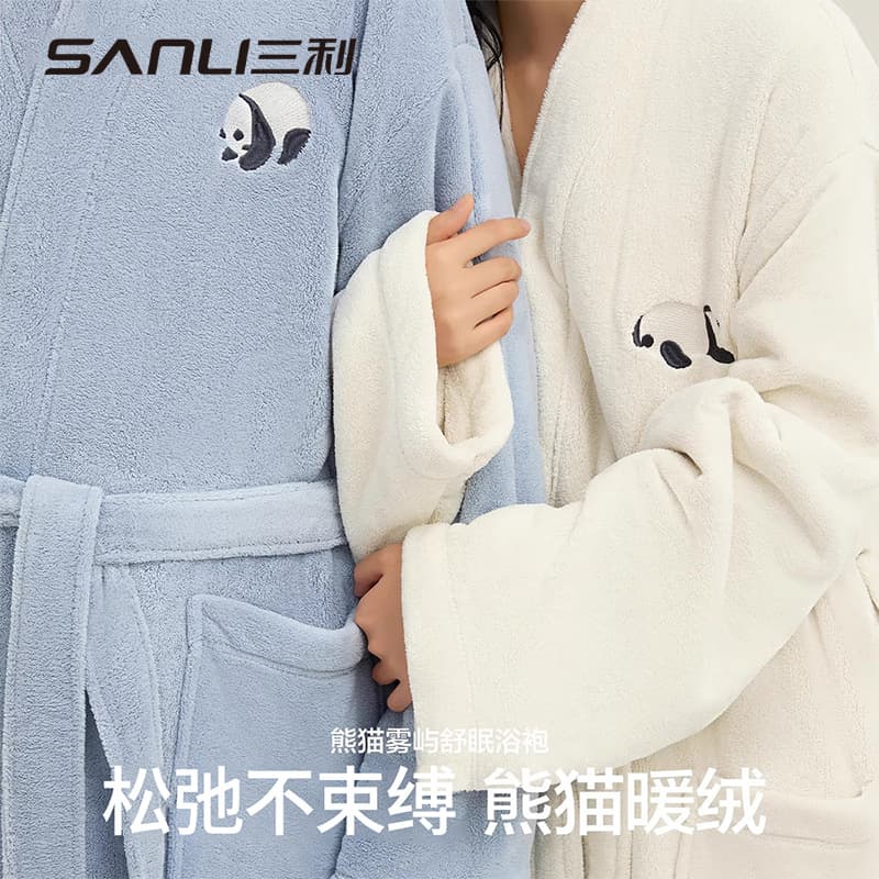 Sanli Towel Couple Bathrobe Adult Panda Embroidery Bathrobe Student Couple Bathrobe Homewear Coral Fleece Robe
